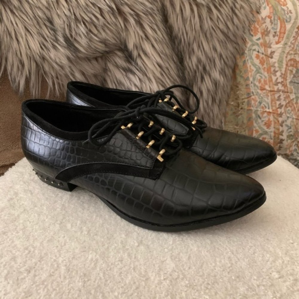 Miista black oxfords croc with small gold studs EUC